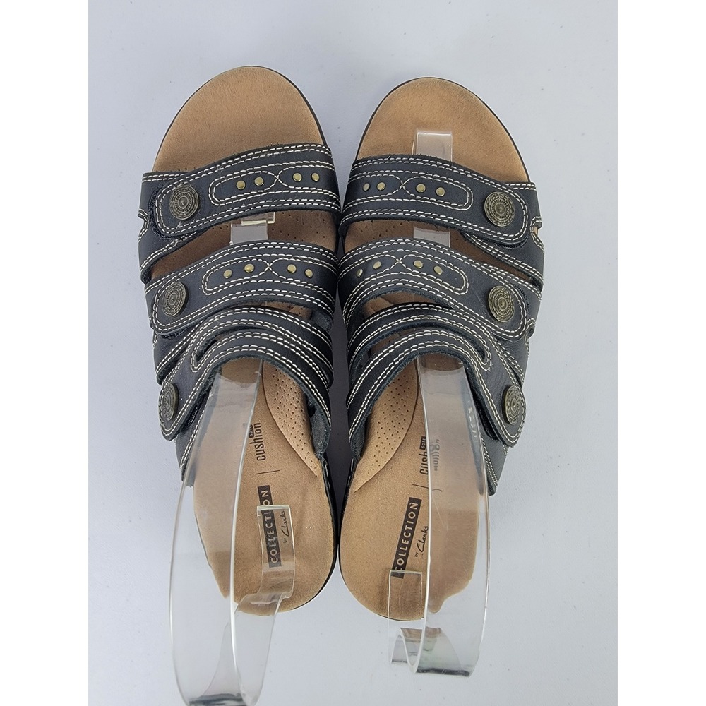Clarks Slide Sandals Women's 9.5 Black Leather Adjustable Cushion Soft - Picture 3 of 11